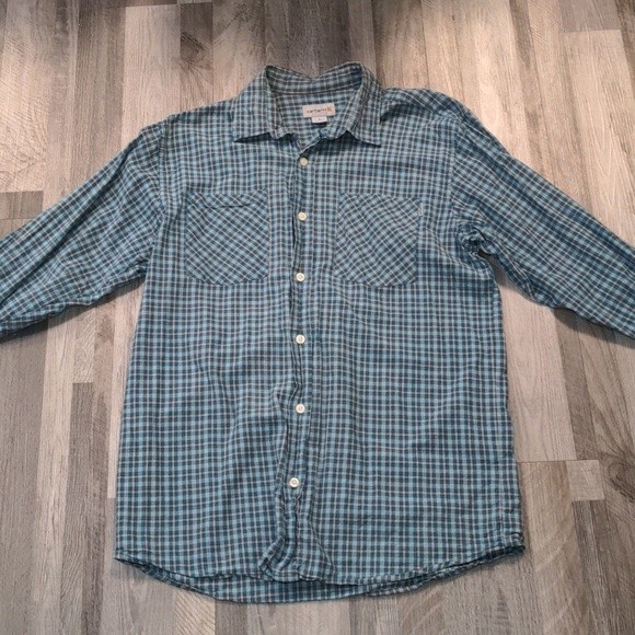 Men's Carhartt Blue Plaid Button Down Collared Long Sleeve Shirt Size Large - Picture 9 of 13